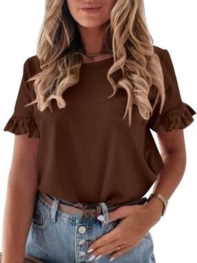 (3 for $25) Casual Brown Ruffle Sleeve Tee by